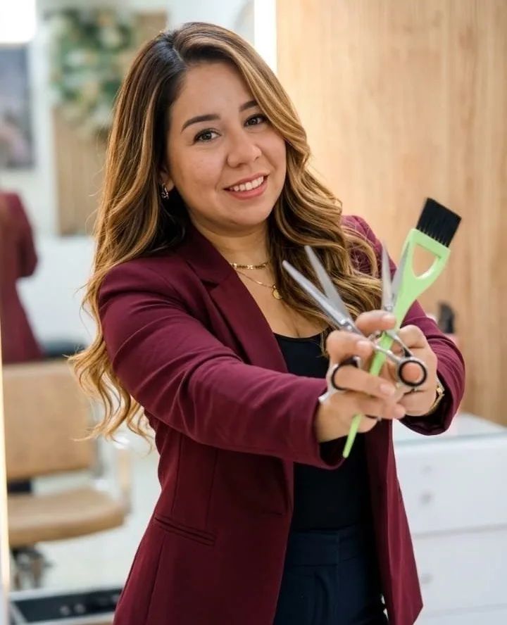 Erika Blanco, colorista de Balayage RD, con sus tijeras de trabajo